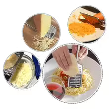 Mini stainless steel grater by Clarify.pk shown grating cheese and vegetables in multiple close-up views