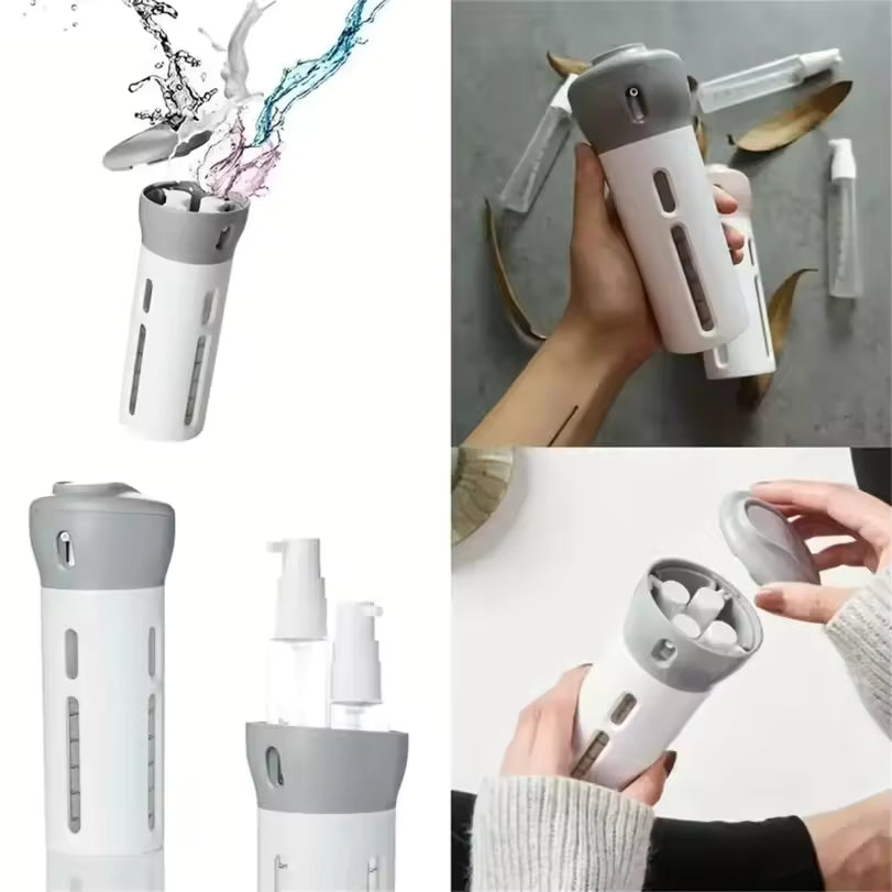 Clarify.pk multi compartment toiletry bottle with gray top and transparent sections, shown in use and filling