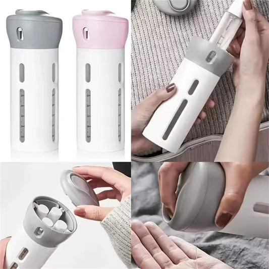 Clarify.pk multi compartment toiletry bottle in gray and pink with multiple refillable sections for travel convenience
