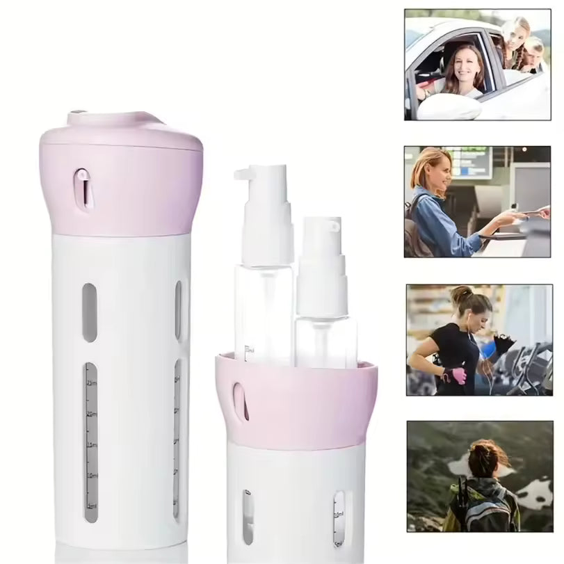 Clarify.pk pink and white multi compartment toiletry bottle with pump dispensers for travel and personal care