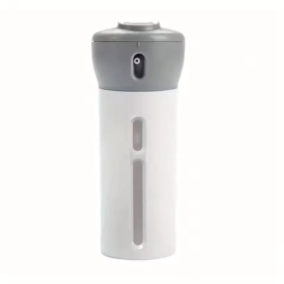Clarify.pk multi compartment toiletry bottle in white and gray with a spray nozzle and transparent windows