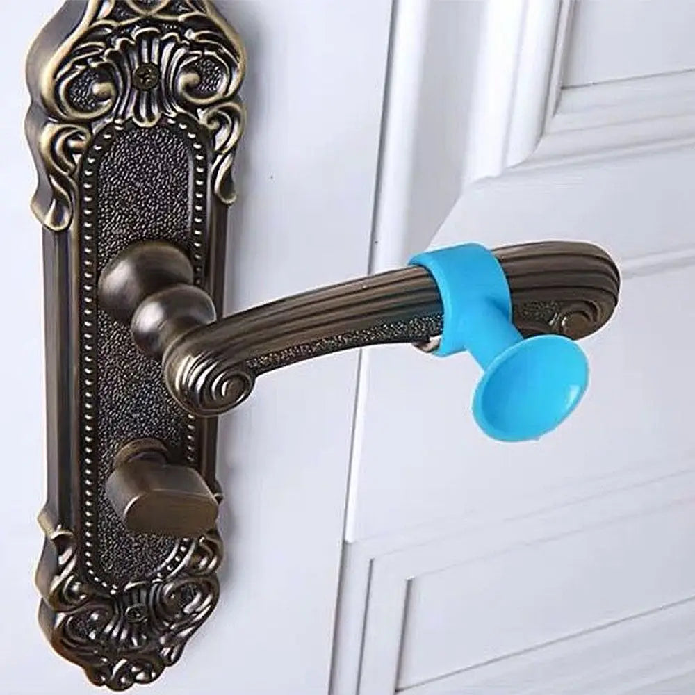Pack of 5 silicone door handle stopper in blue attached to antique bronze door handle by Clarify.pk