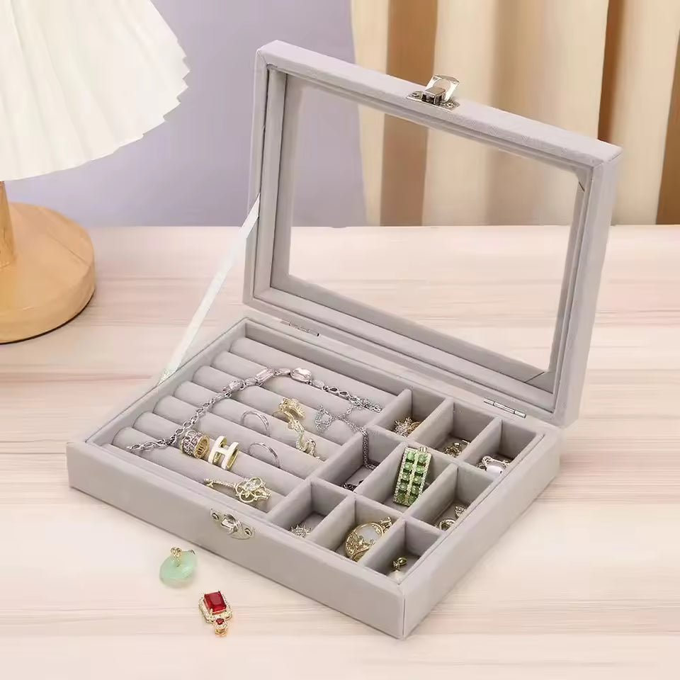 Gray pearl earring and ring organizer jewelry case with transparent lid and multiple compartments