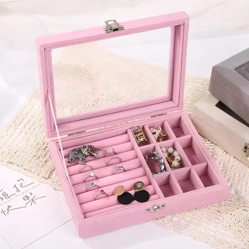 Clarify.pk pink cosmetic case with pearl earring and ring organizer compartments and transparent lid