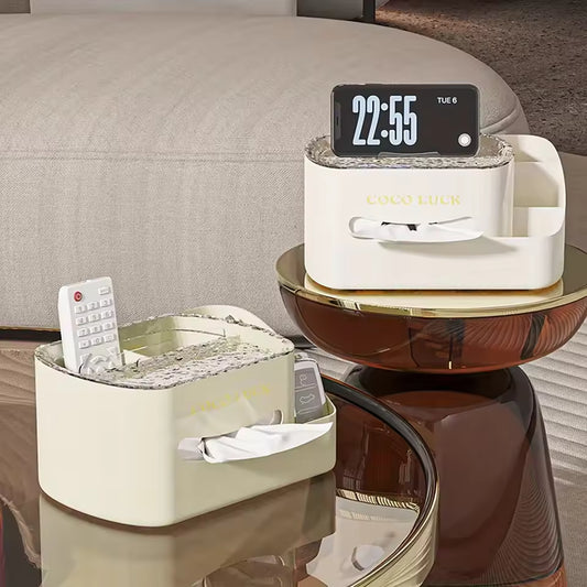 Clarify.pk plastic storage box in cream with handle holding remote and smartphone on modern tables