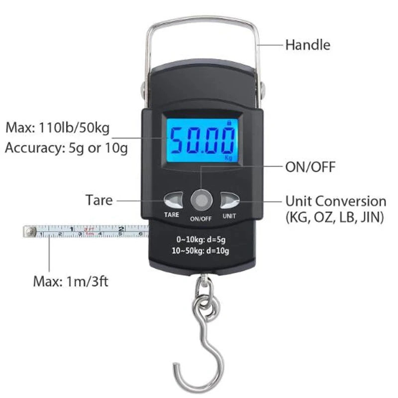 Clarify.pk portable digital luggage scale with blue LCD, handle, hook, tape measure, and unit conversion buttons