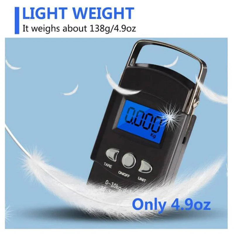 Black portable digital luggage scale with blue backlit display and lightweight design weighing 4.9oz
