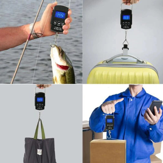 Portable digital luggage scale weighing fish, suitcase, bag, and package in different uses