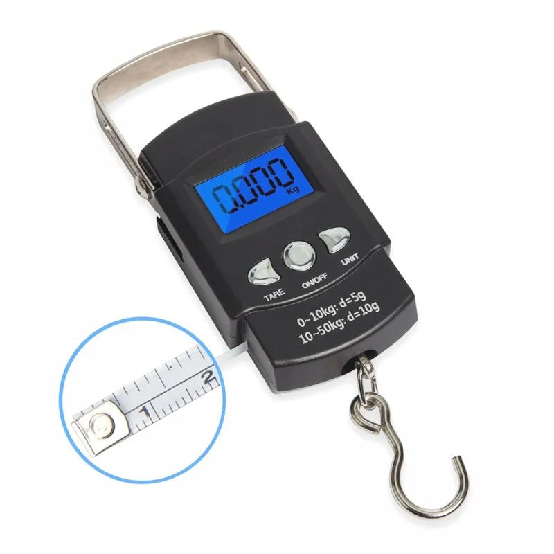Clarify.pk portable digital luggage scale with blue backlit display and foldable metal hook