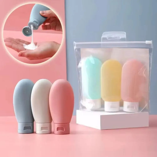 Clarify.pk portable lotion container 3 pack with refillable pastel-colored travel bottles and clear storage pouch