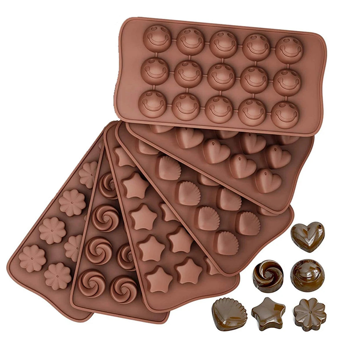 Clarify.pk silicone chocolate mold set with various shapes including hearts, stars, flowers, and smiley faces