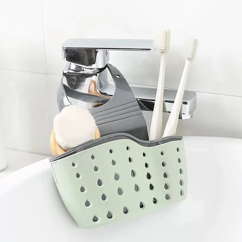 Clarify.pk sink hanging storage organizer with toothbrushes and brush attached to kitchen faucet