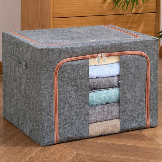 Clarify.pk stackable storage bag for clothes in gray fabric with zipper and transparent window