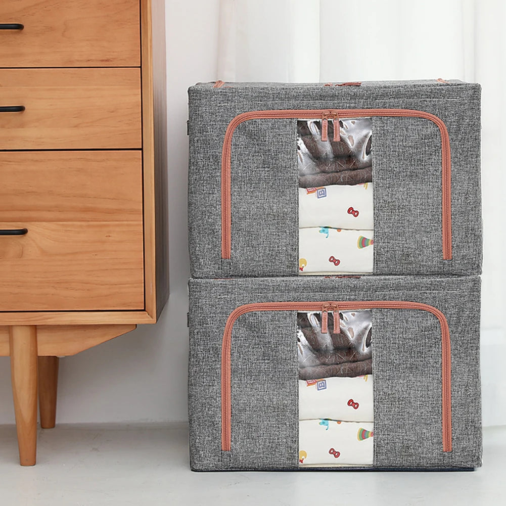 Clarify.pk stackable storage bag for clothes in gray fabric with clear window and brown zipper