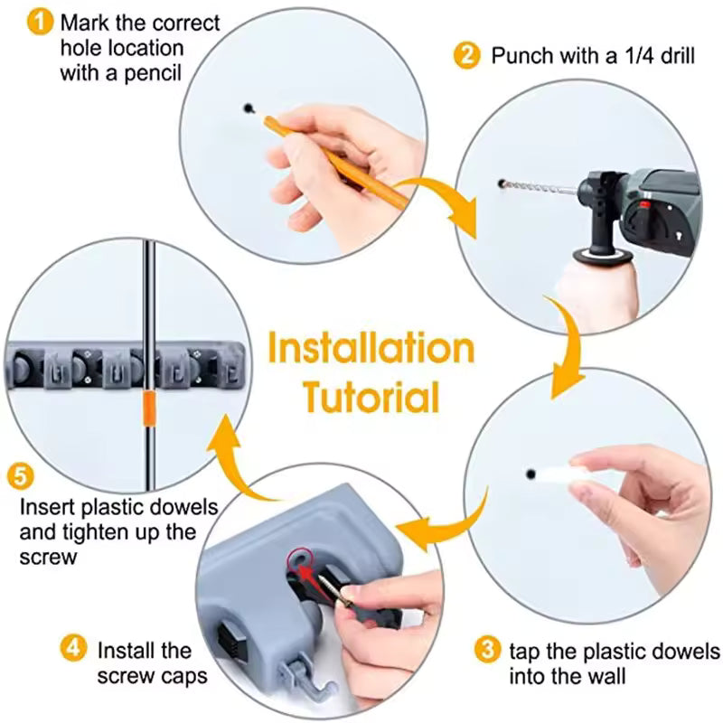 Step-by-step installation tutorial for wall mounted mop holder showing marking, drilling, dowel insertion, and fixing screws