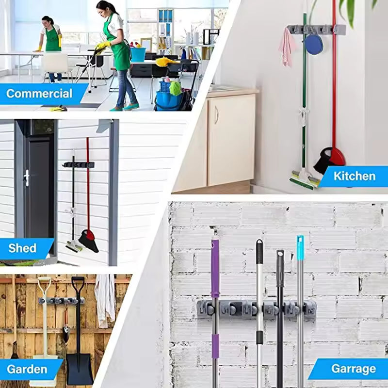 Wall mounted mop holder organizing cleaning tools in kitchen, garage, garden, shed, and commercial spaces