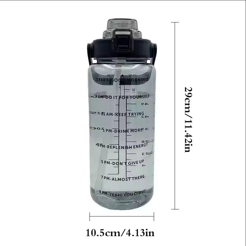 Clear plastic 2 liter water bottle for girls with motivational time marker design and black lid