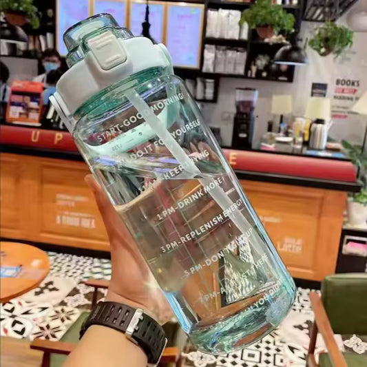Clear plastic 2 liter water bottle for girls with motivational time markers and flip top lid