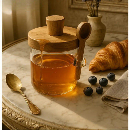 Glass honey jar with wooden lid filled with honey placed on a marble table with a wooden honey dipper