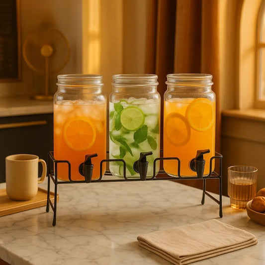 Clarify.pk triple beverage dispenser with three glass jars filled with refreshing citrus and mint drinks on a black metal stand
