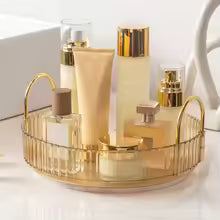 Clarify.pk 360 rotating makeup organizer with compartments holding various beauty products