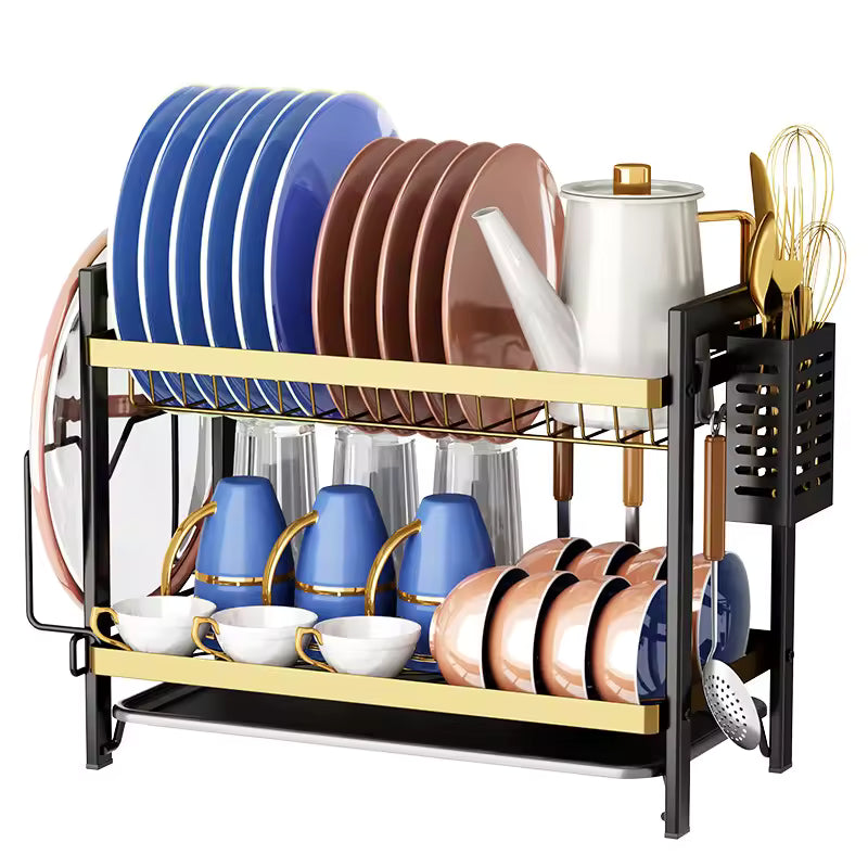 Clarify.pk dish drying rack with gold and black frame holding plates cups teapot and utensils