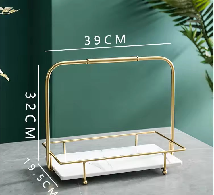 Clarify.pk gold iron display stand for snacks with white marble base and metal frame
