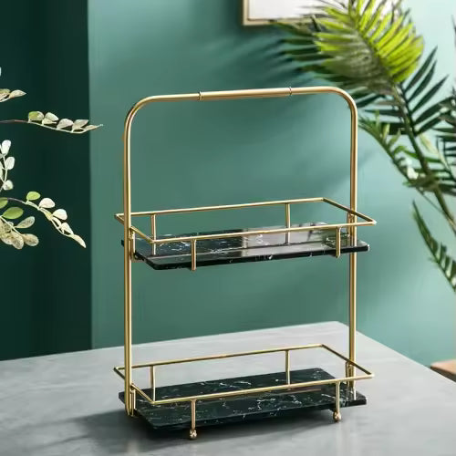 Clarify.pk iron display stand for snacks with two-tier black marble trays and gold frame