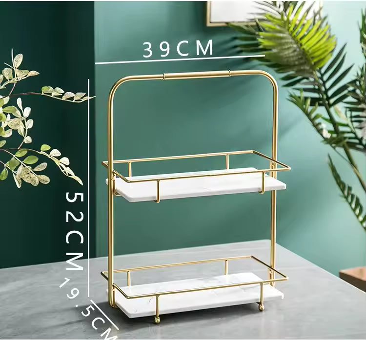 Clarify.pk iron display stand for snacks with gold frame and two marble shelves measuring 39cm by 52cm