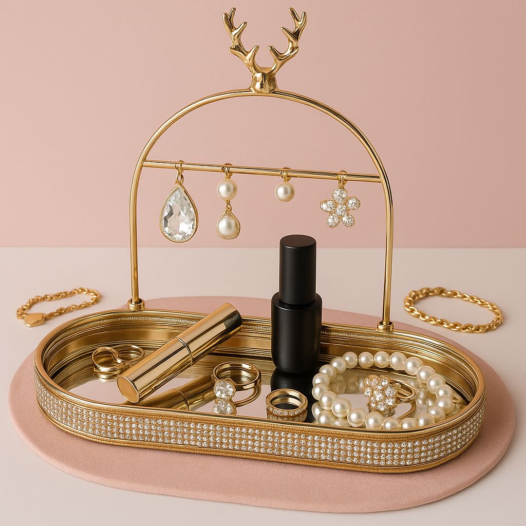 Elegant gold jewelry organizer tray with antler design holding earrings, rings, bracelet, and perfume bottle