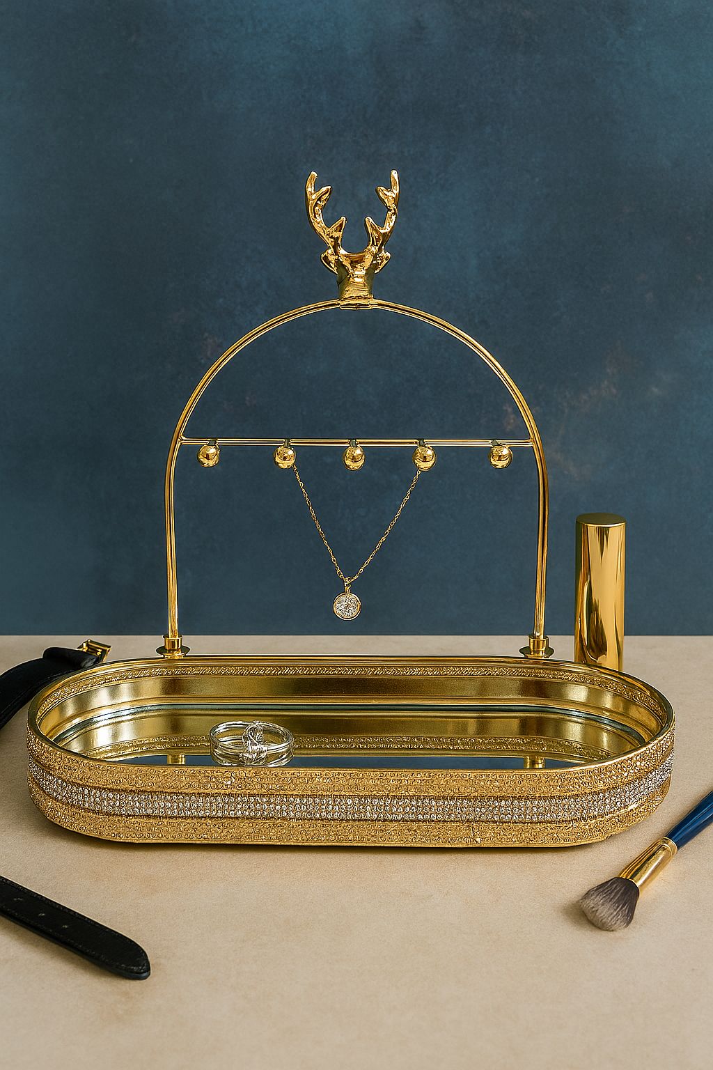 Gold jewelry organizer tray with deer antler design and rhinestone accents for stylish storage