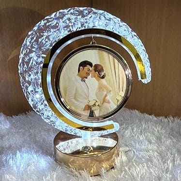 LED crystal moon photo lamp from Clarify.pk with illuminated crescent design and circular photo frame