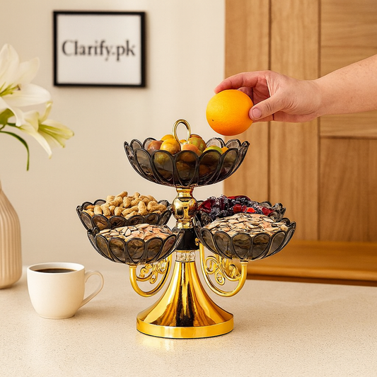 Clarify.pk plastic dry fruit tray with three compartments holding nuts and seeds, styled on a kitchen counter