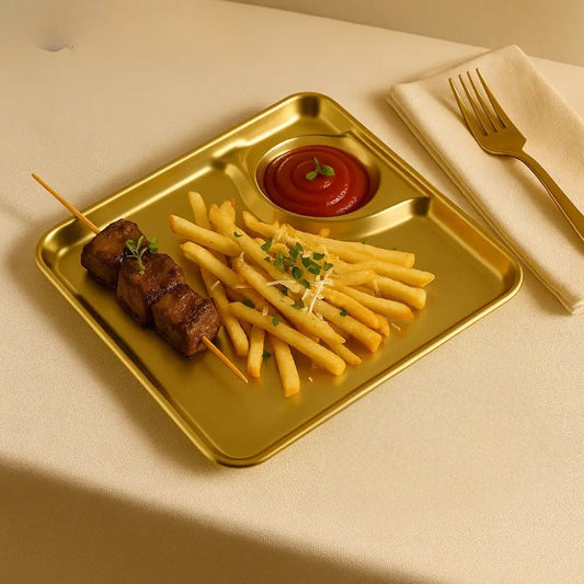 Gold plated serving tray holding french fries with herbs, ketchup, and meat skewers on a beige tablecloth
