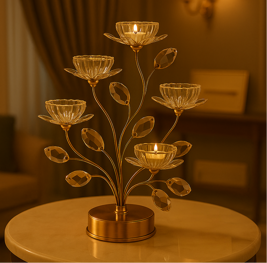 Elegant golden crystal candle holder with five flower-shaped holders and decorative leaves on round base