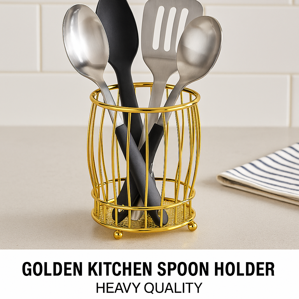 Golden kitchen spoon holder with metal bars holding stainless steel and black kitchen utensils