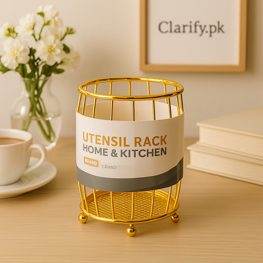 Golden kitchen spoon holder wire utensil rack for home and kitchen organization by Clarify.pk