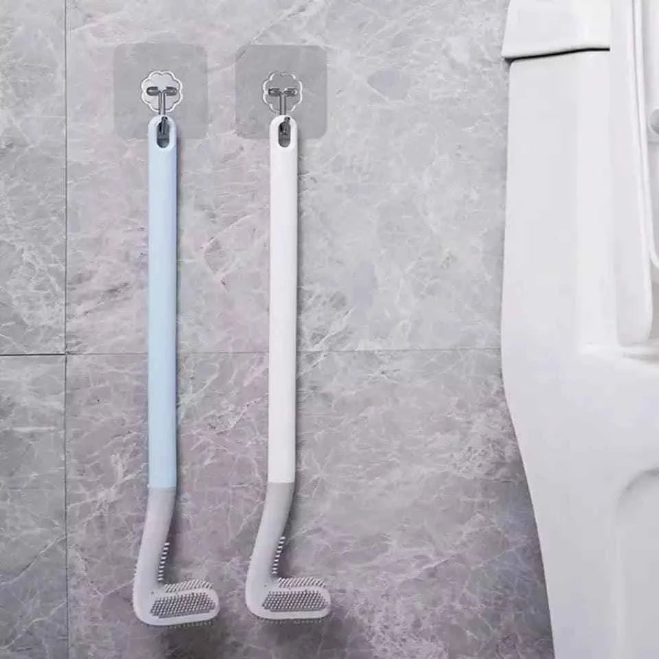 Two golf toilet brush long handle designs hanging on gray tiled bathroom wall next to toilet