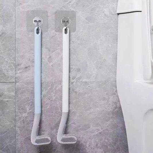 Two golf toilet brush long handle designs hanging on gray tiled bathroom wall next to toilet