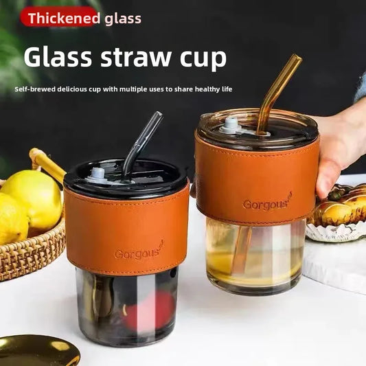 Clarify.pk bamboo node glass straw cup with thickened glass and brown leather sleeve for healthy drinking