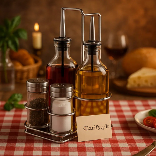 Clarify.pk gourmet oil dispenser for kitchen with salt and pepper shakers on checkered tablecloth