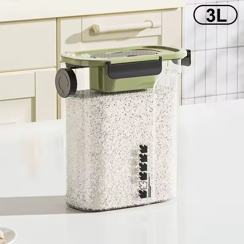 3L Clarify.pk grain storage container with green lid and airtight lock for kitchen use