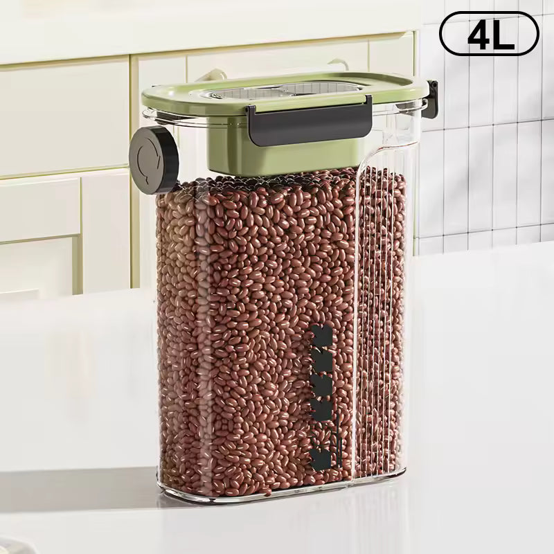 4L clear grain storage container with green airtight lid and black locking handle filled with beans