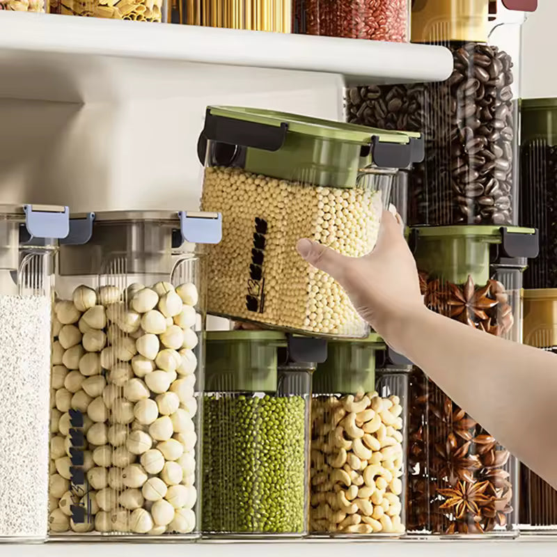 Clarify.pk grain storage container with airtight lid holding yellow grains in kitchen pantry