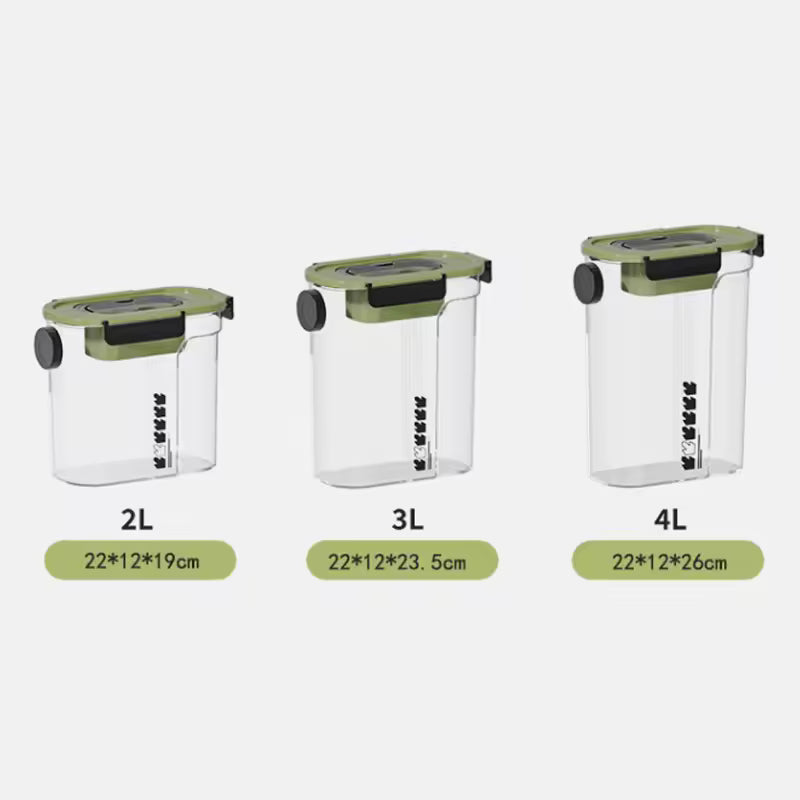 Set of three Clarify.pk grain storage container sizes 2L 3L and 4L with green lids and measurement markings