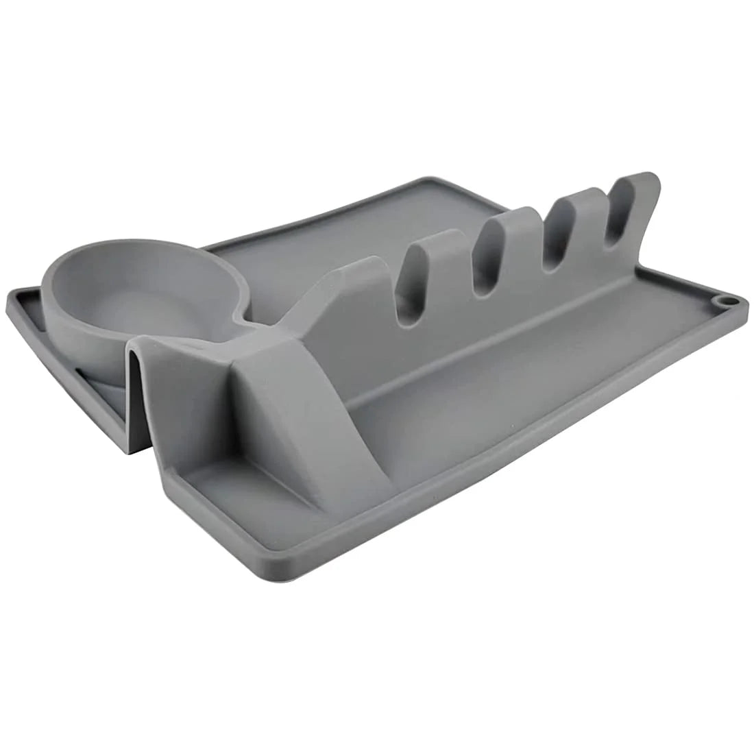 Gray multi-slot kitchen spoon holder with drip tray and utensil rest by Clarify.pk