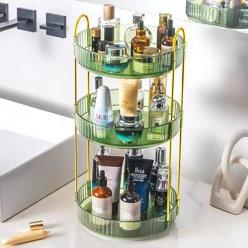 Green and gold 3 tier cosmetics organizer holding various skincare and beauty bottles on a bathroom counter