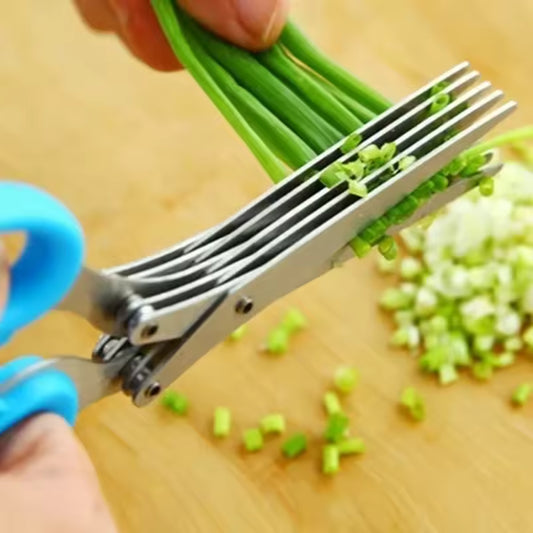 Clarify.pk 5 blade cutting scissors chopping green onions with blue handles on wooden board