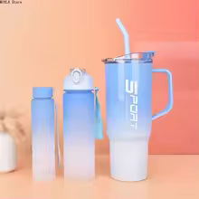 Clarify.pk 3 Pieces Water Bottle Set in blue and white gradient with straw and handles for easy drinking