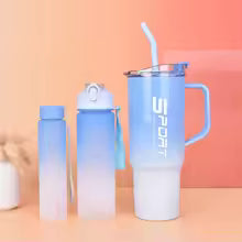 3 Pieces Water Bottle Set by Clarify.pk with gradient blue design and sport cap options